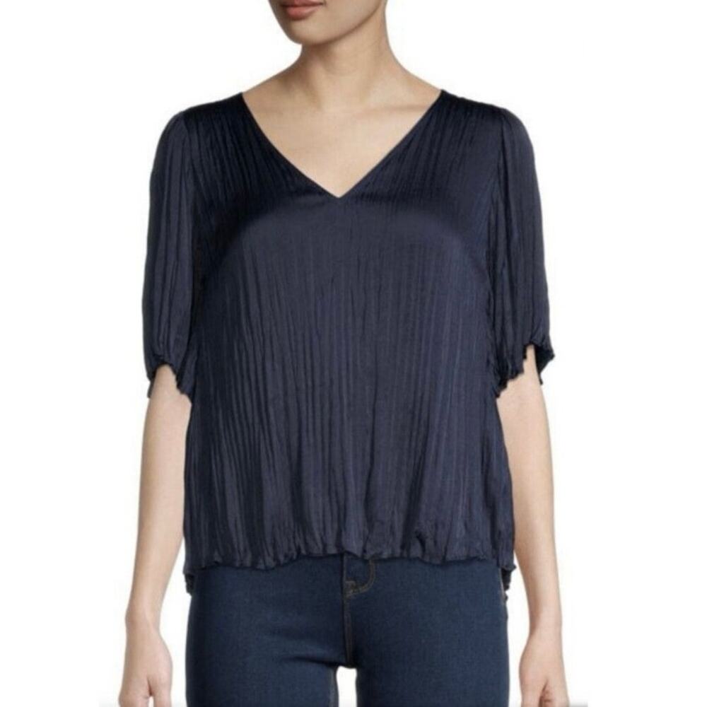 NWOT Women’s Vince Flutter Sleeve Crushed Satin Top in Costal Navy SZ S